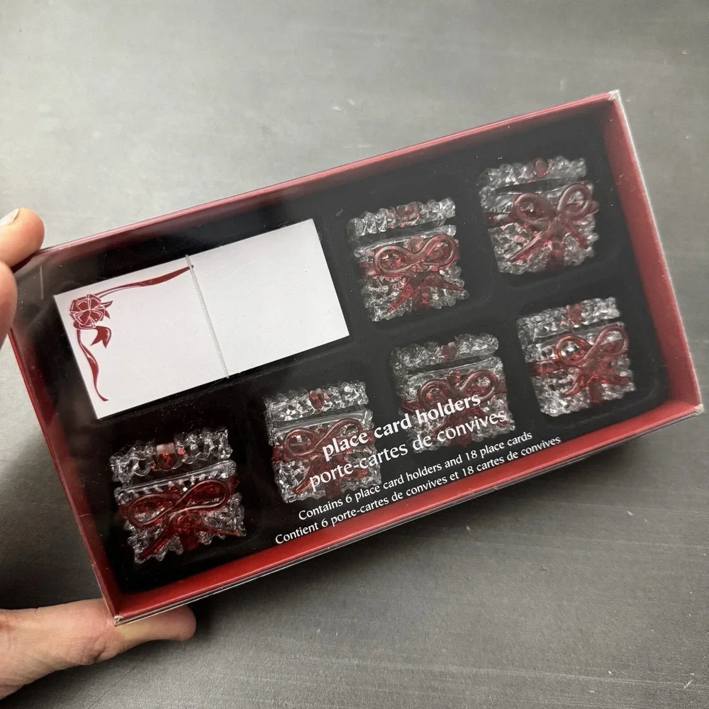 NEW Pier 1 Christmas Gift Place Card Holders Clear Spun Glass Set of 6 Red Bows
